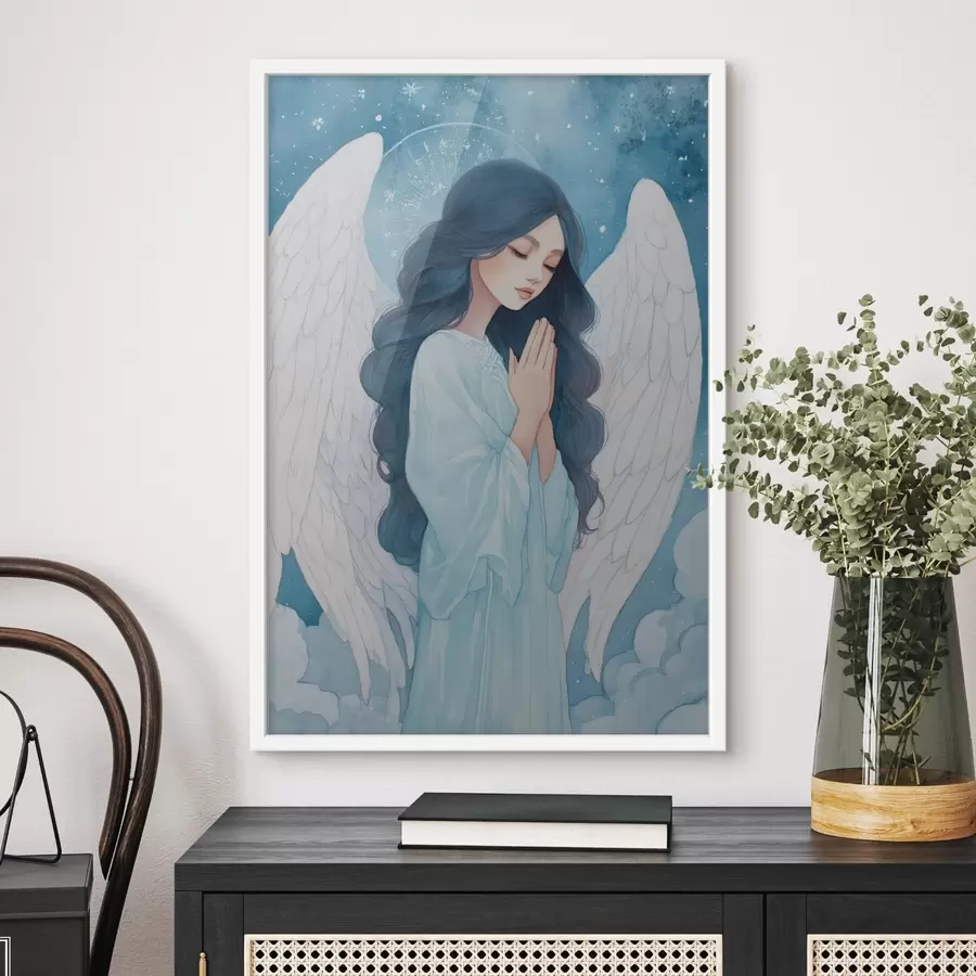 Fotobehang Charmante illustratie van een engel tussen wolken in een wit en blauw kleurenpalet f47095