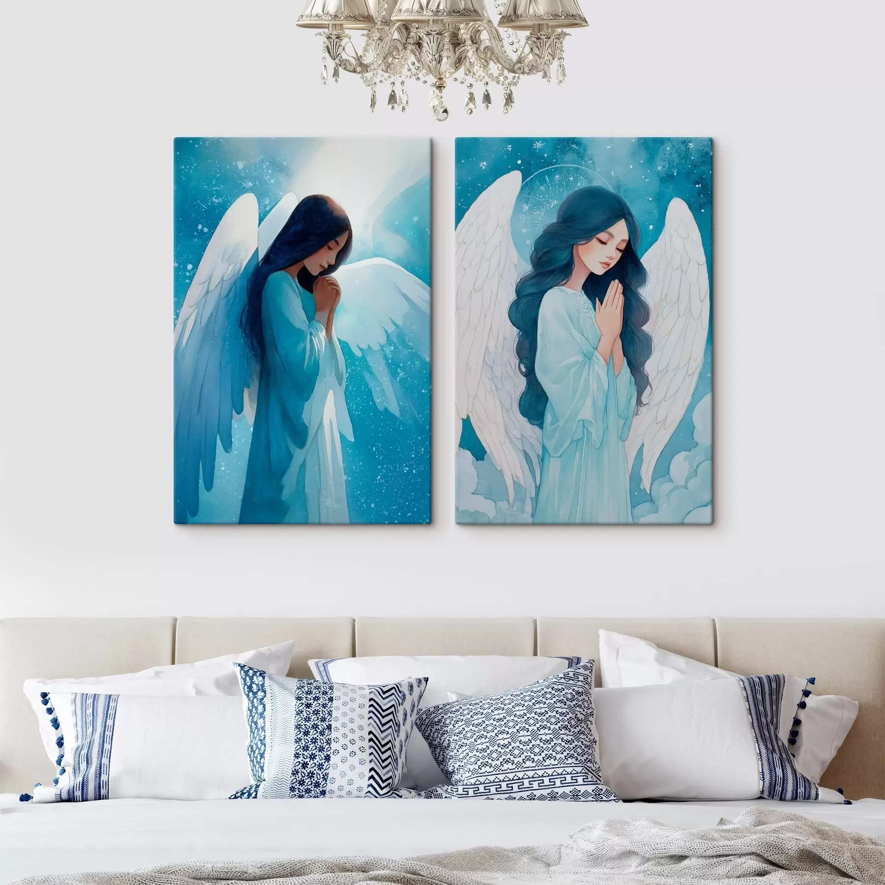  Schilderijen Moderne sacrale kunst in aquarelstijl met de afbeelding van een beschermengel in blauwe gewaden m01153