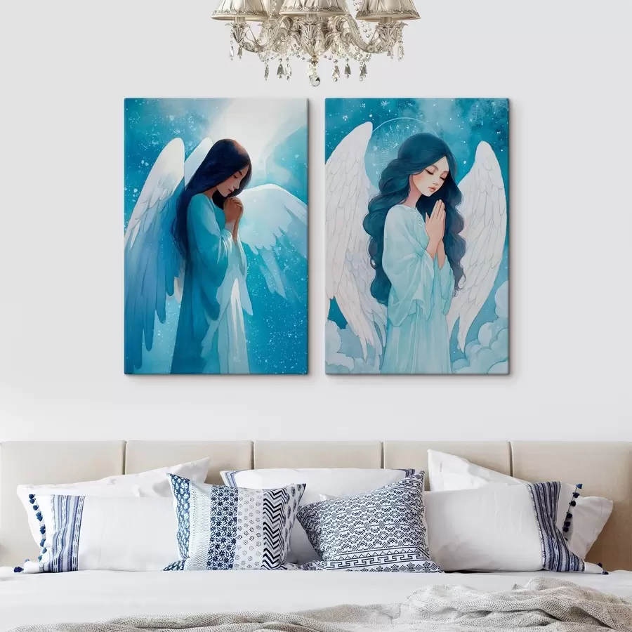  Schilderijen Moderne sacrale kunst in aquarelstijl met de afbeelding van een beschermengel in blauwe gewaden m01153