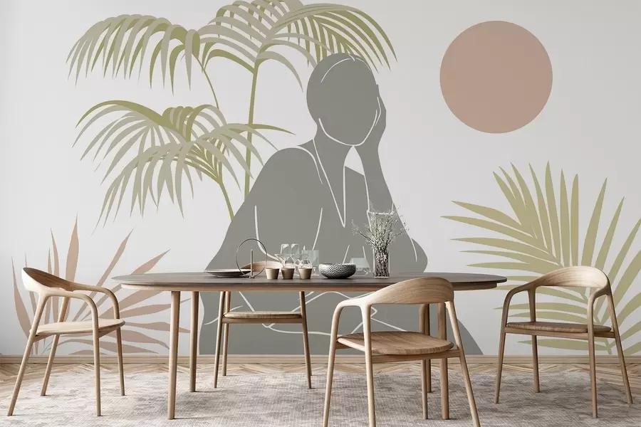 Fotobehang Silhouet van een vrouw en palmbladeren w05190