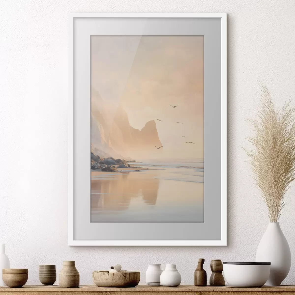 Poster oceaanochtend tegen de achtergrond van bergen f47689