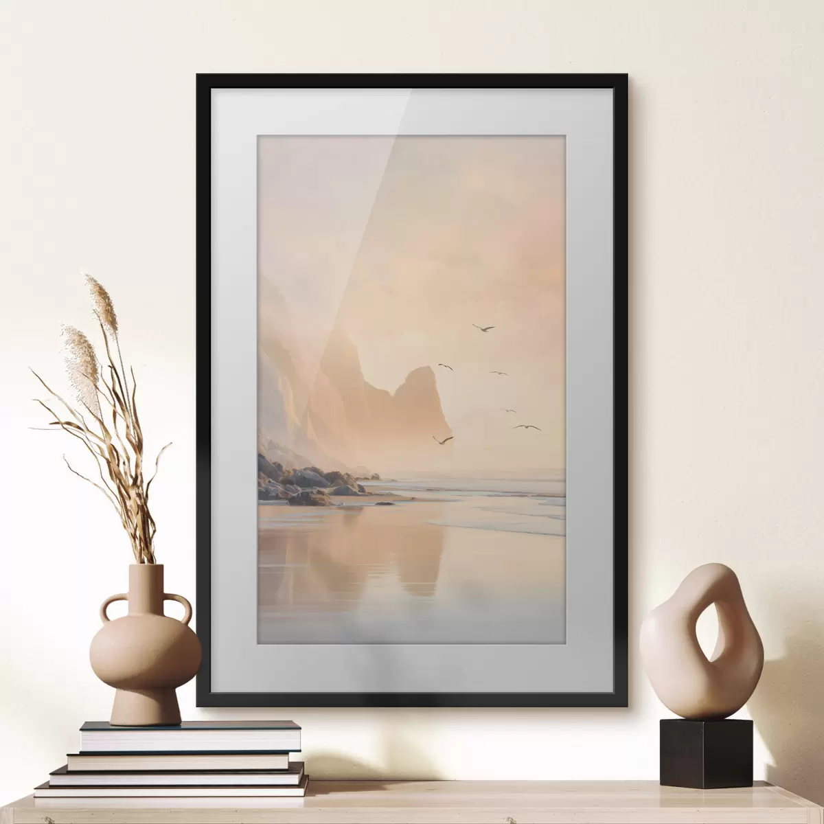 Poster oceaanochtend tegen de achtergrond van bergen f47689