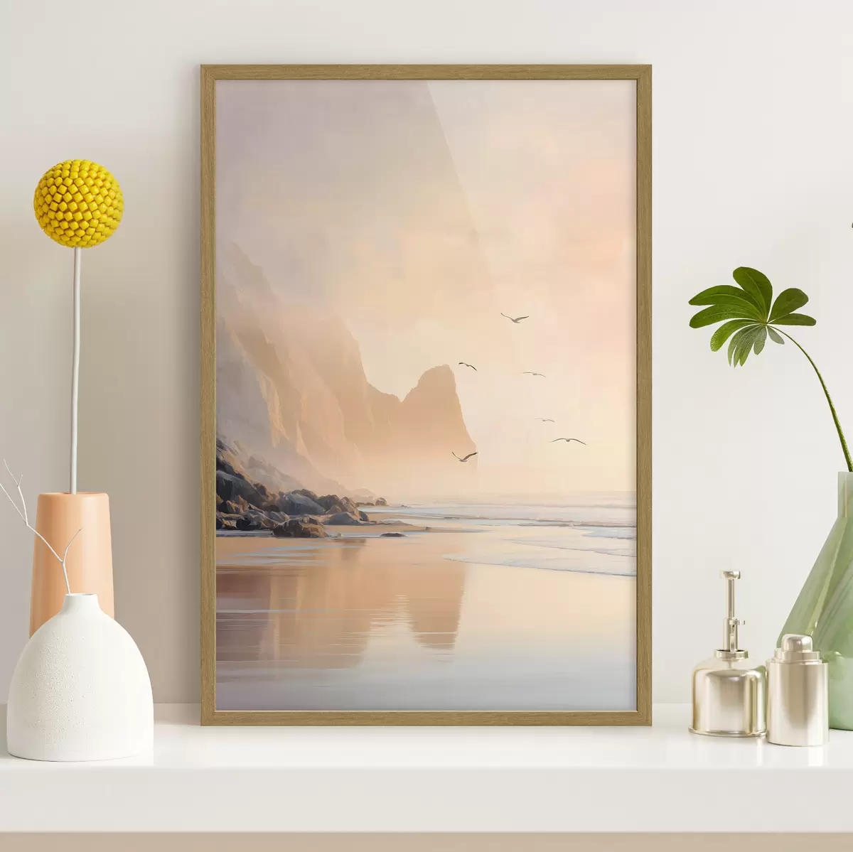 Poster oceaanochtend tegen de achtergrond van bergen f47689