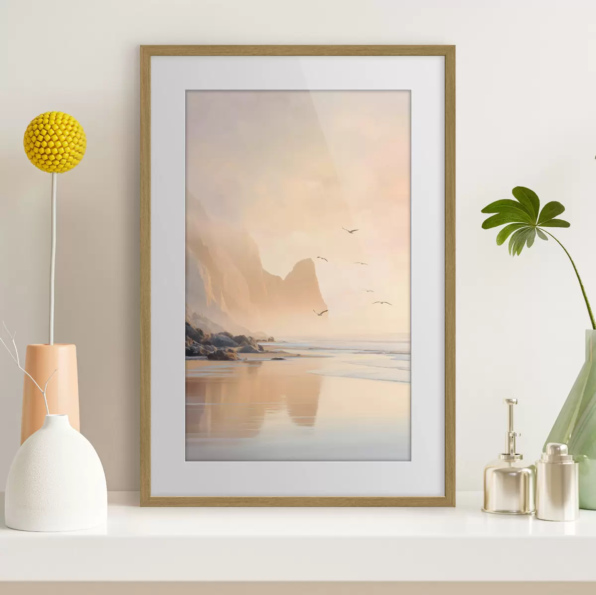 Poster oceaanochtend tegen de achtergrond van bergen f47689