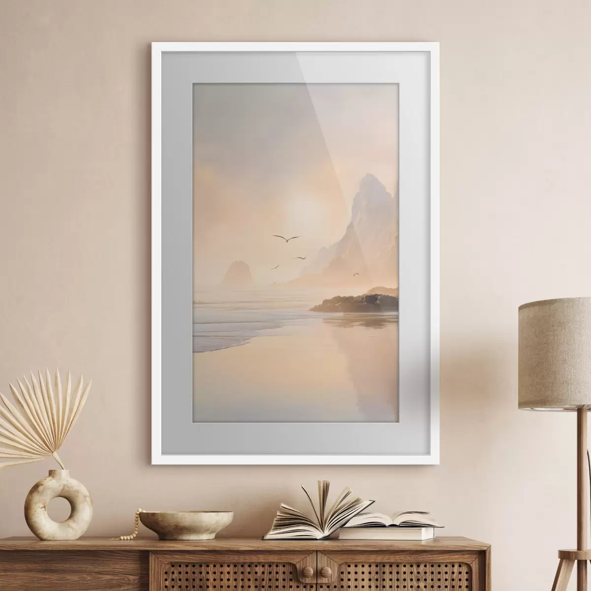Poster oceaanochtend tegen de achtergrond van bergen f47690