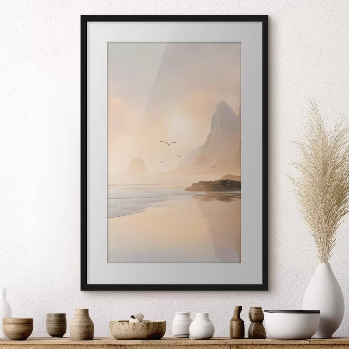 Poster oceaanochtend tegen de achtergrond van bergen f47690