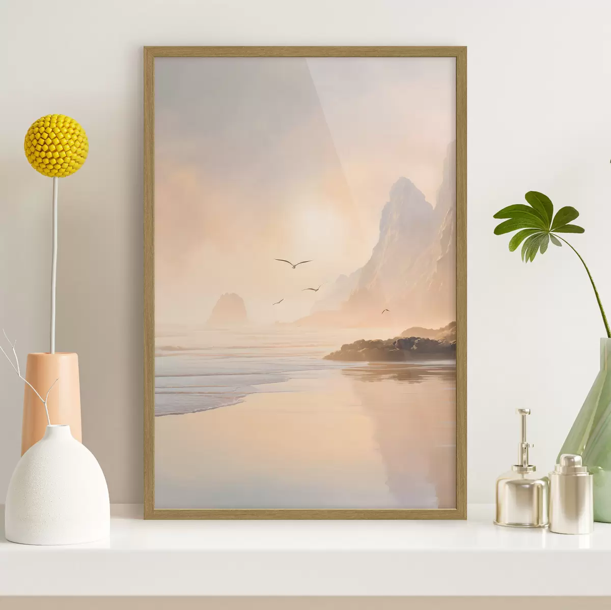 Poster oceaanochtend tegen de achtergrond van bergen f47690
