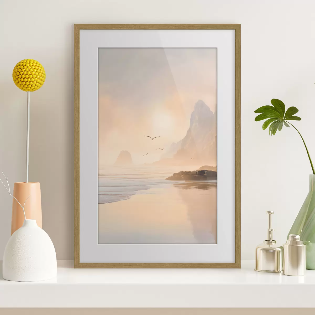 Poster oceaanochtend tegen de achtergrond van bergen f47690