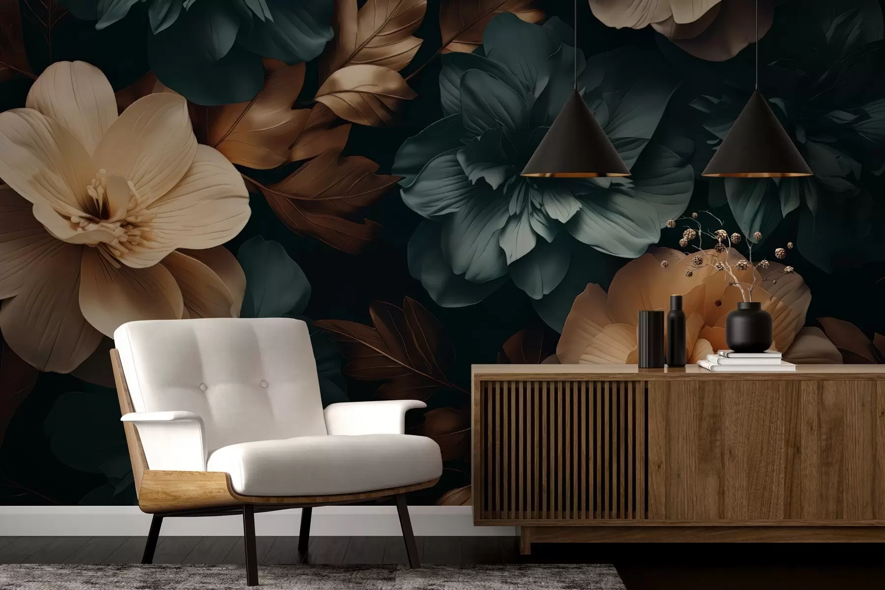 Fotobehang Donkere bloeiende tuin w05007