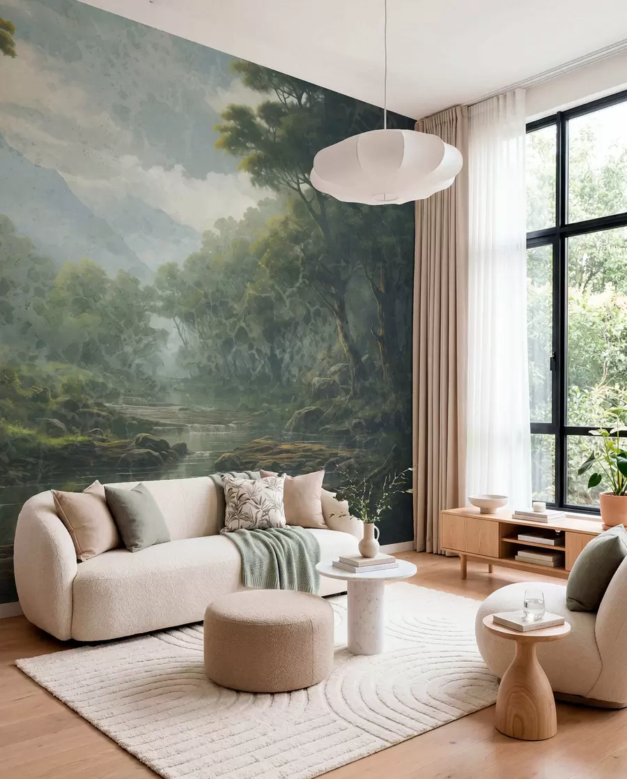 Fotobehang Licht langs de bosrivier w05171