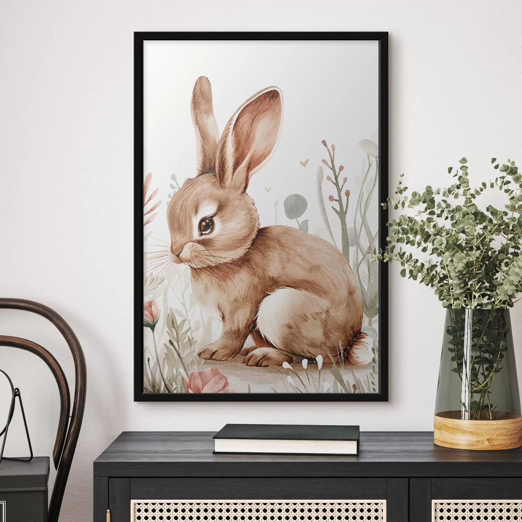 Fotobehang Schattig konijntje in bloemen, potloodtekening f47741