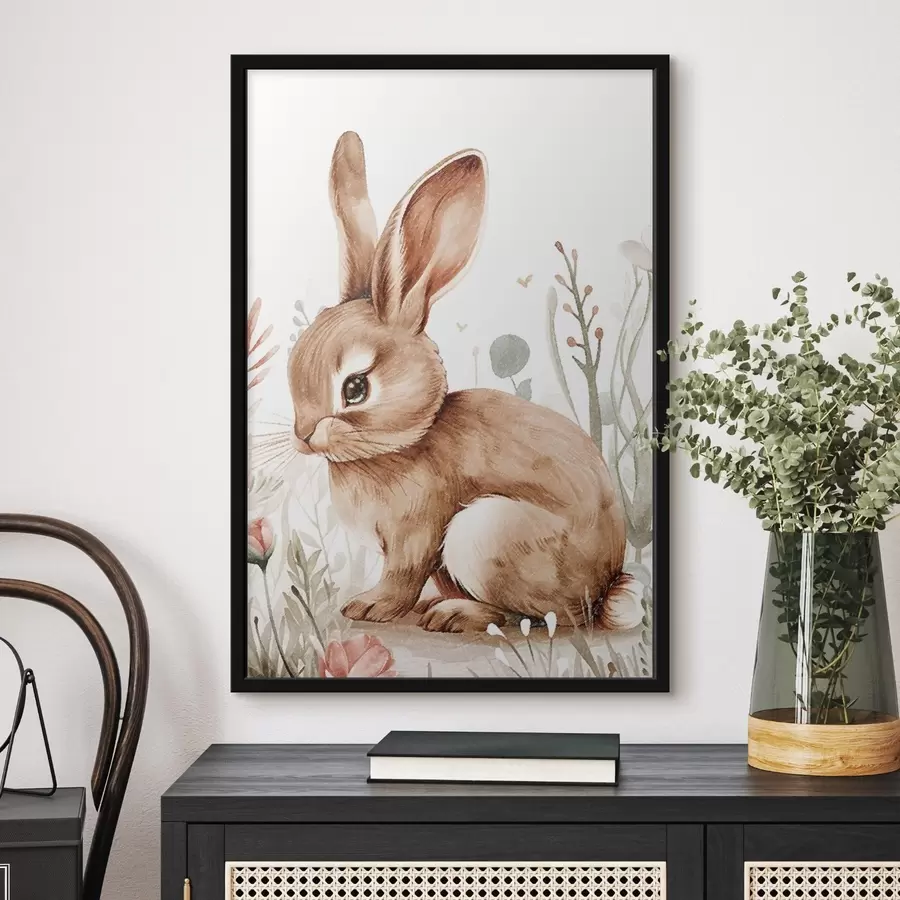 Fotobehang Schattig konijntje in bloemen, potloodtekening f47741