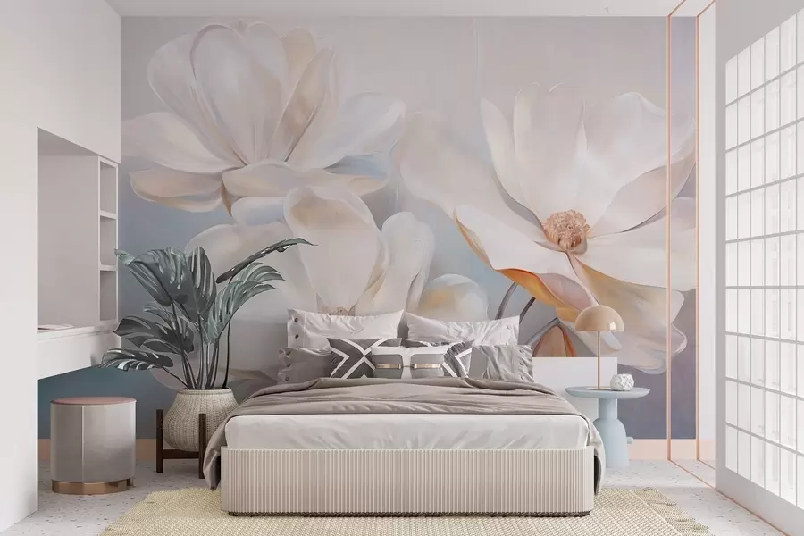 Fotobehang Witte fantasie-magnoliabloemen met delicate, gestructureerde bloemblaadjes, een zachte, abstracte achtergrond w09373