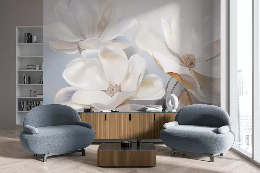 Fotobehang Witte fantasie-magnoliabloemen met delicate, gestructureerde bloemblaadjes, een zachte, abstracte achtergrond w09373