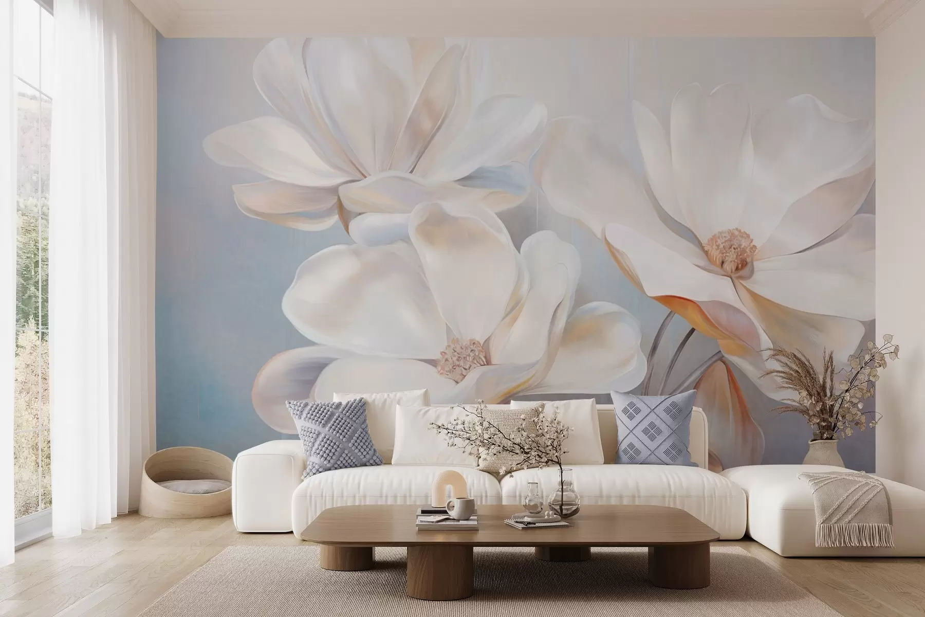 Fotobehang Witte fantasie-magnoliabloemen met delicate, gestructureerde bloemblaadjes, een zachte, abstracte achtergrond w09373
