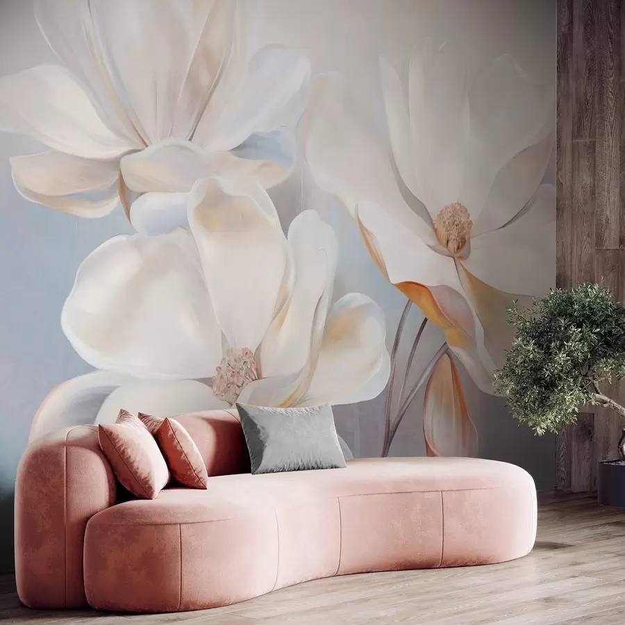 Fotobehang Witte fantasie-magnoliabloemen met delicate, gestructureerde bloemblaadjes, een zachte, abstracte achtergrond w09373