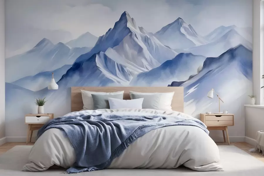 Fotobehang Getextureerde besneeuwde bergen met een zacht aquareleffect en een palet van blauw en wit w09630