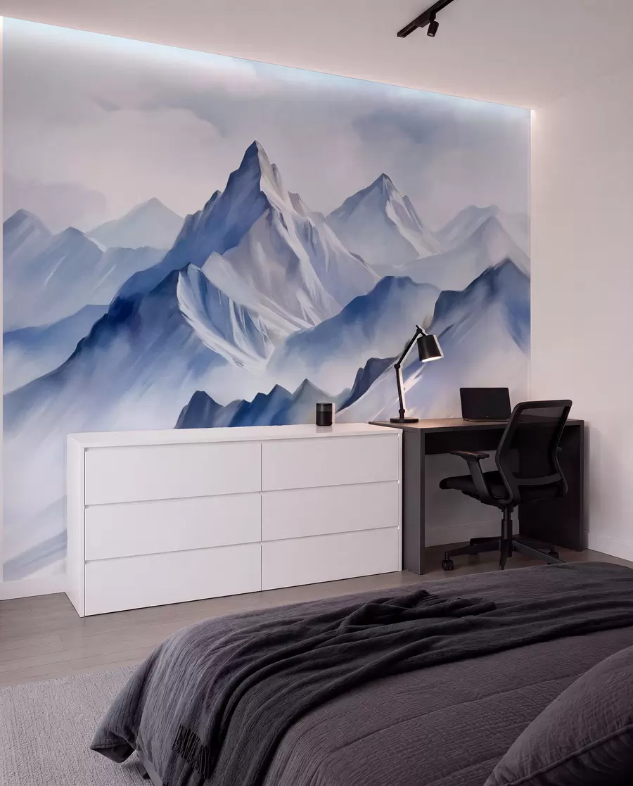 Fotobehang Getextureerde besneeuwde bergen met een zacht aquareleffect en een palet van blauw en wit w09630