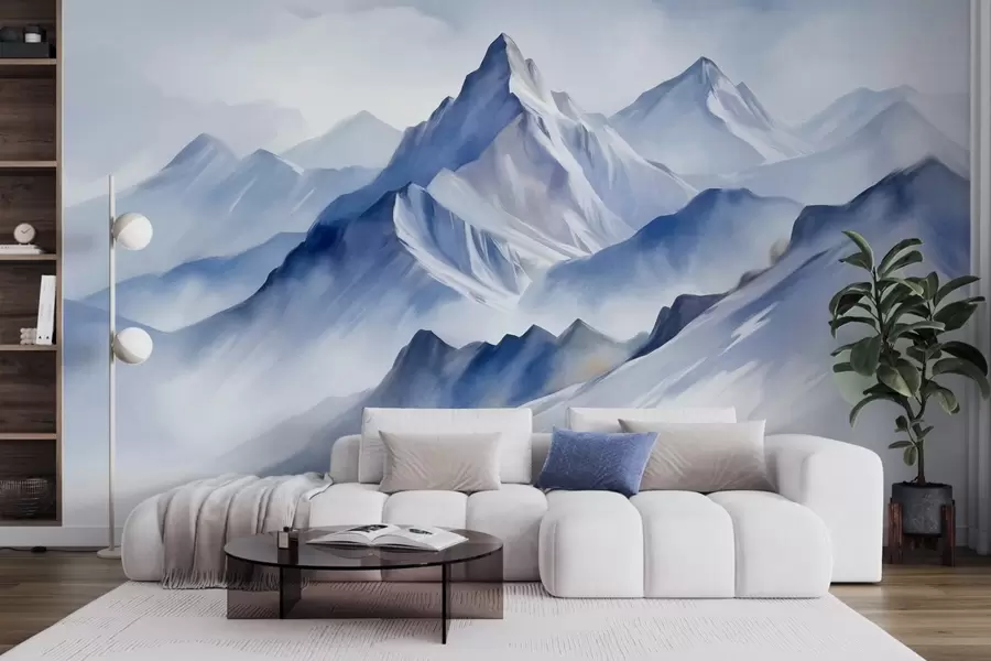 Fotobehang Getextureerde besneeuwde bergen met een zacht aquareleffect en een palet van blauw en wit w09630