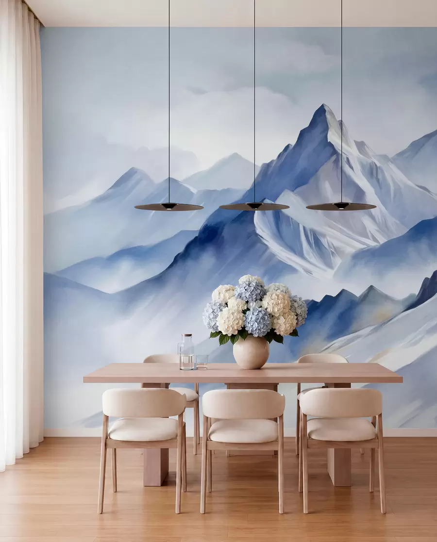 Fotobehang Getextureerde besneeuwde bergen met een zacht aquareleffect en een palet van blauw en wit w09630