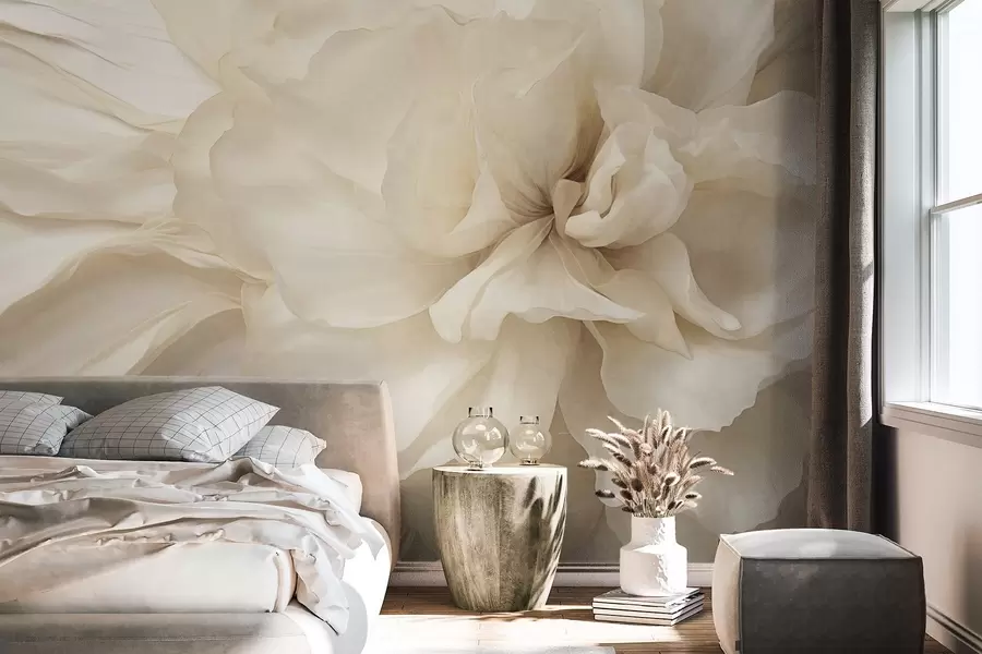 Fotobehang Getextureerde, delicate, lichtgekleurde bloem met doorschijnende bloemblaadjes, zachte abstracte achtergrond w09632
