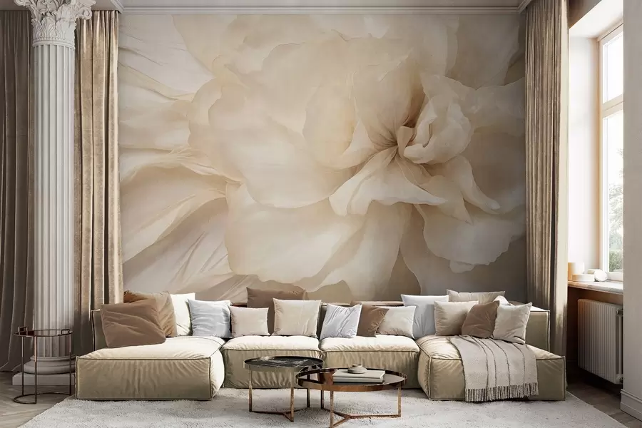 Fotobehang Getextureerde, delicate, lichtgekleurde bloem met doorschijnende bloemblaadjes, zachte abstracte achtergrond w09632