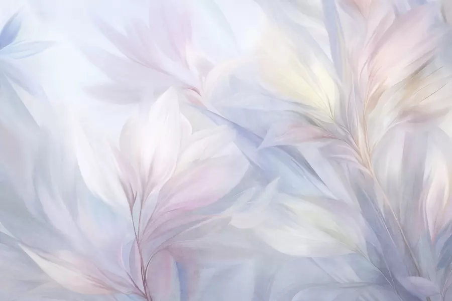 Fotobehang Zachte, pastelkleurige bladeren en veren in roze, blauw en geel, abstracte print met textuur w09634