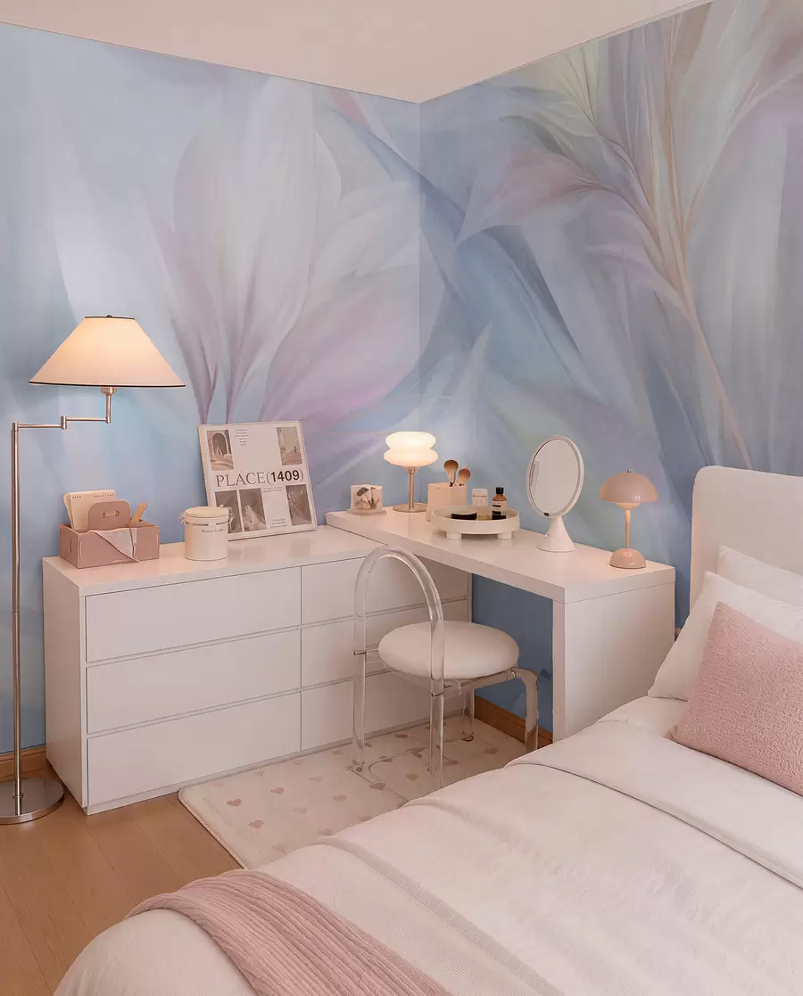 Fotobehang Zachte, pastelkleurige bladeren en veren in roze, blauw en geel, abstracte print met textuur w09634