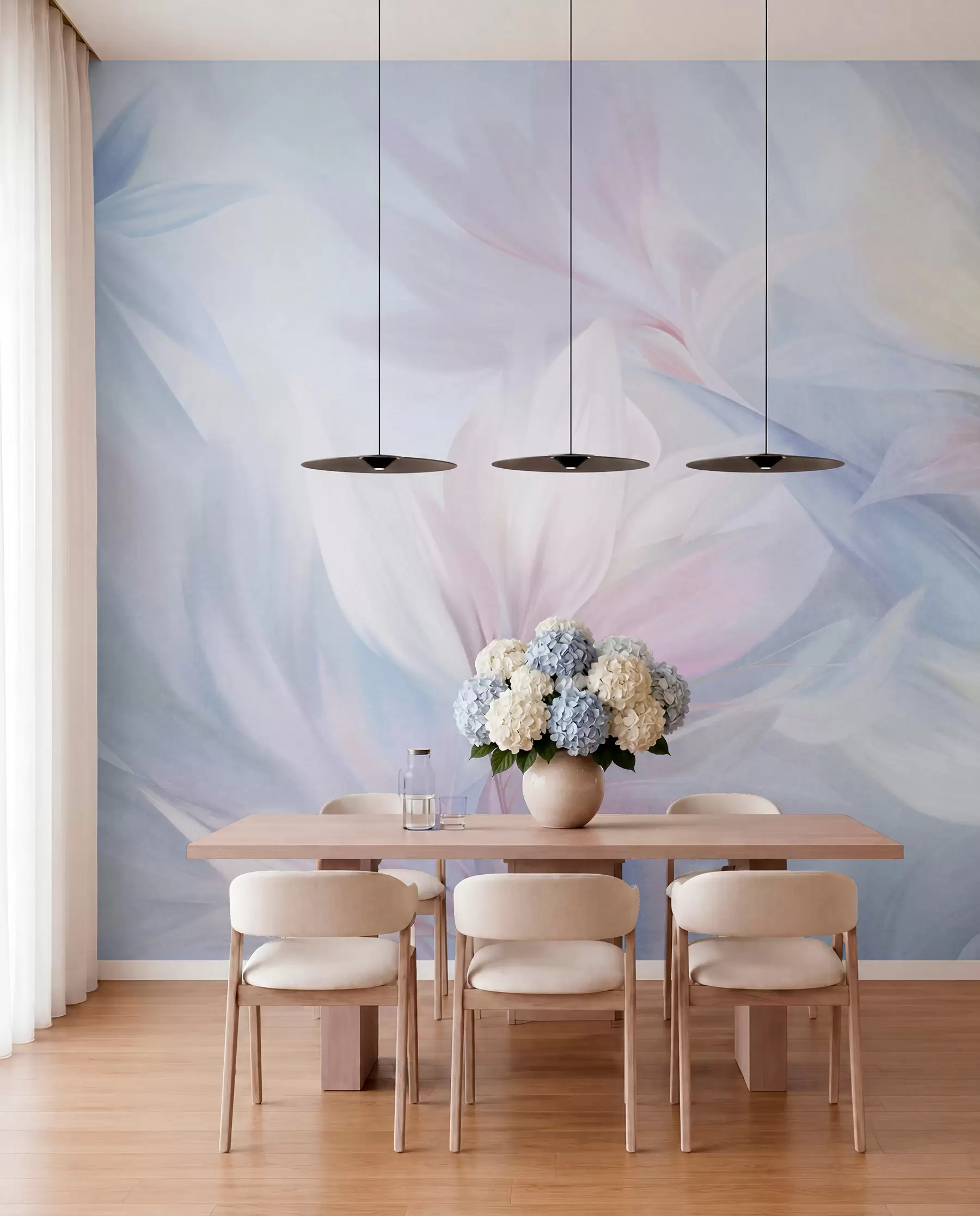 Fotobehang Zachte, pastelkleurige bladeren en veren in roze, blauw en geel, abstracte print met textuur w09634
