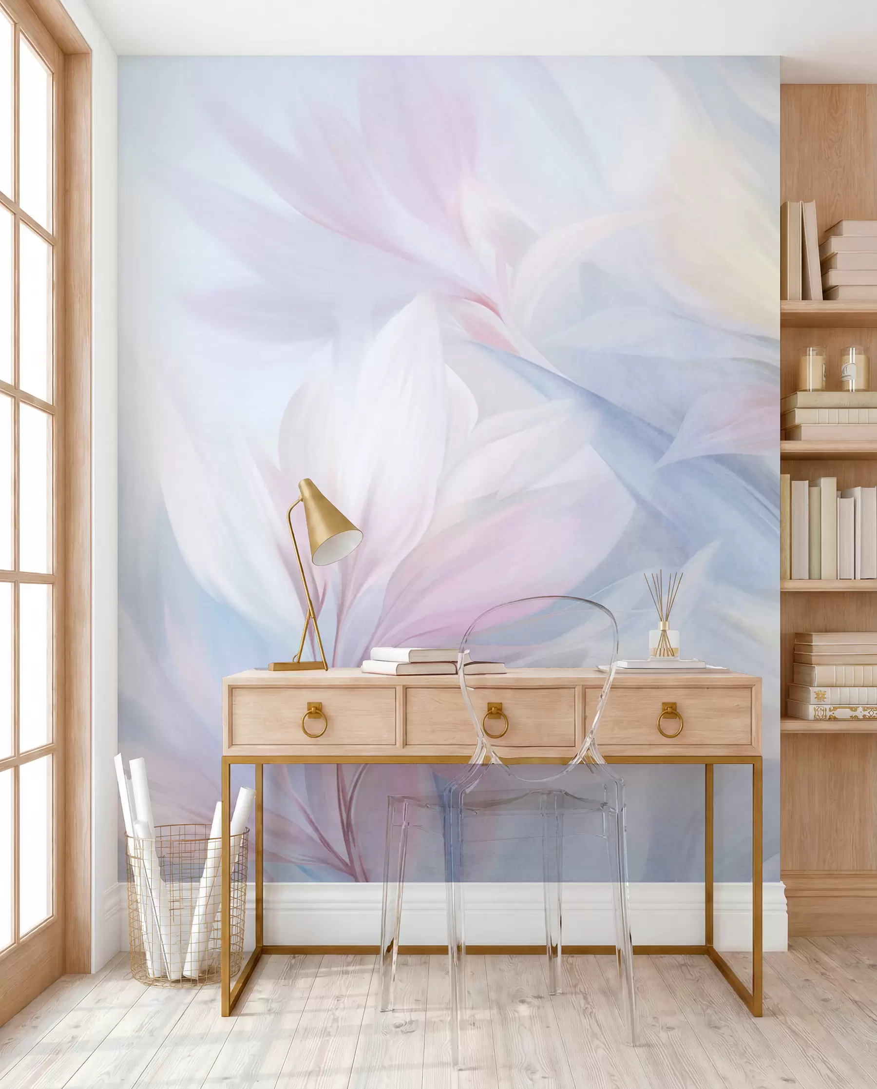 Fotobehang Zachte, pastelkleurige bladeren en veren in roze, blauw en geel, abstracte print met textuur w09634