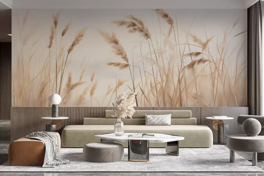 Fotobehang Hoog, gestructureerd droog gras met korenaren in het veld tegen een zachte, bleke achtergrond w09648