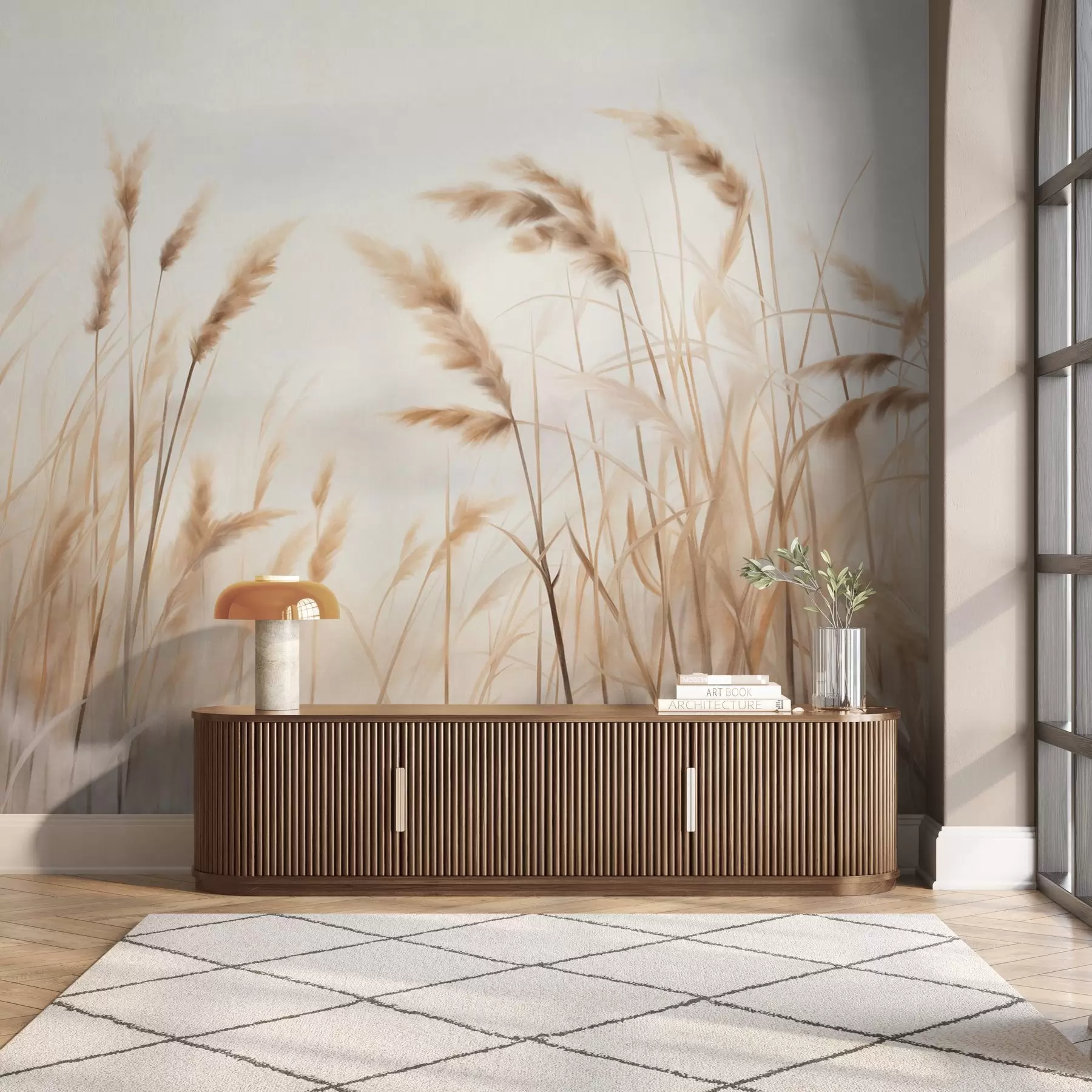 Fotobehang Hoog, gestructureerd droog gras met korenaren in het veld tegen een zachte, bleke achtergrond w09648