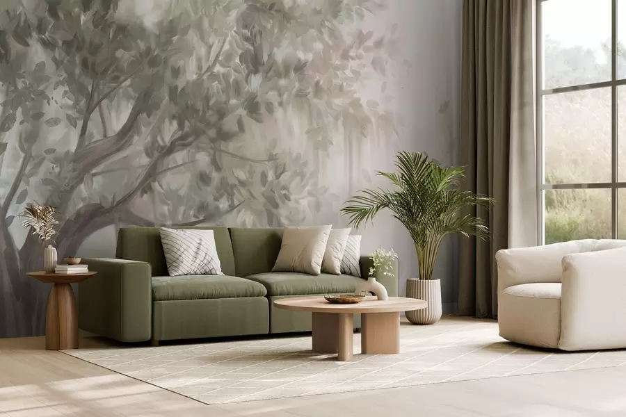 Fotobehang Getextureerde boom met lichtgroene bladeren en takken, met een zachte, wazige achtergrond w09650