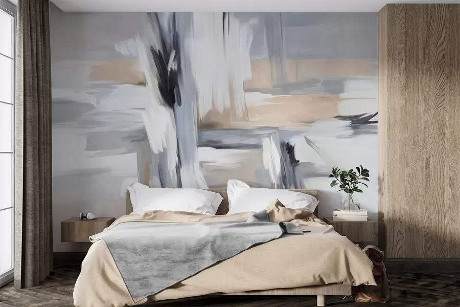 Fotobehang Abstracte schilderstijl met textuur en penseelstreken in tinten wit, grijs en beige w09651