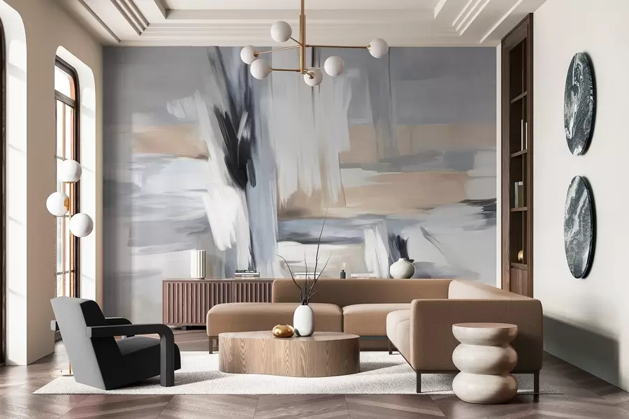 Fotobehang Abstracte schilderstijl met textuur en penseelstreken in tinten wit, grijs en beige w09651