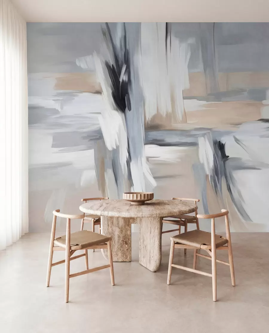 Fotobehang Abstracte schilderstijl met textuur en penseelstreken in tinten wit, grijs en beige w09651