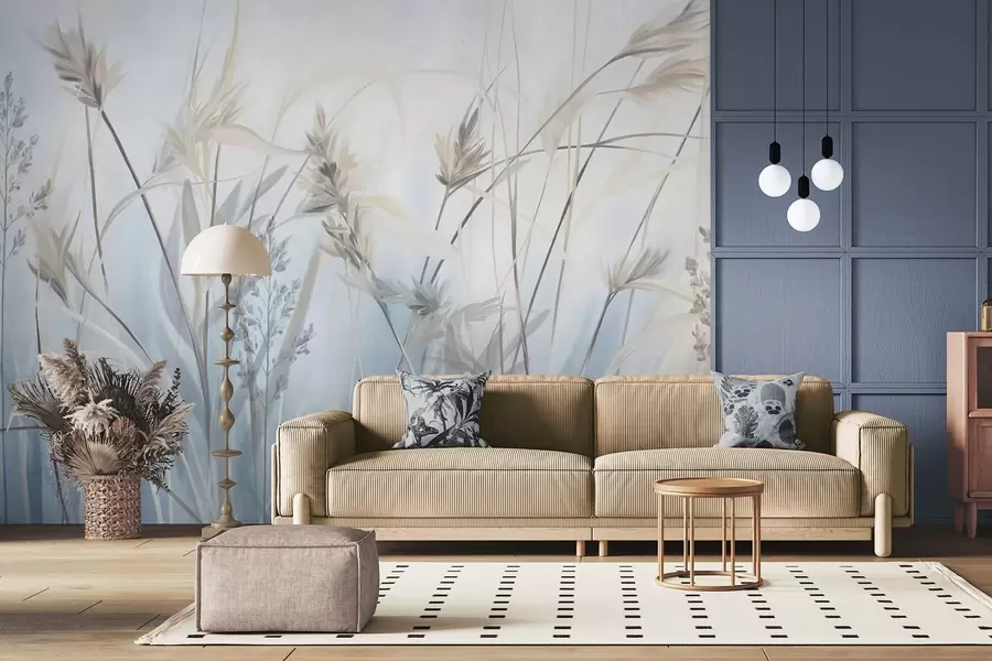 Fotobehang Hoge, droge grassprieten met pluizige toppen in gedempte tinten, zachte, wazige blauwe en witte achtergrond w09652