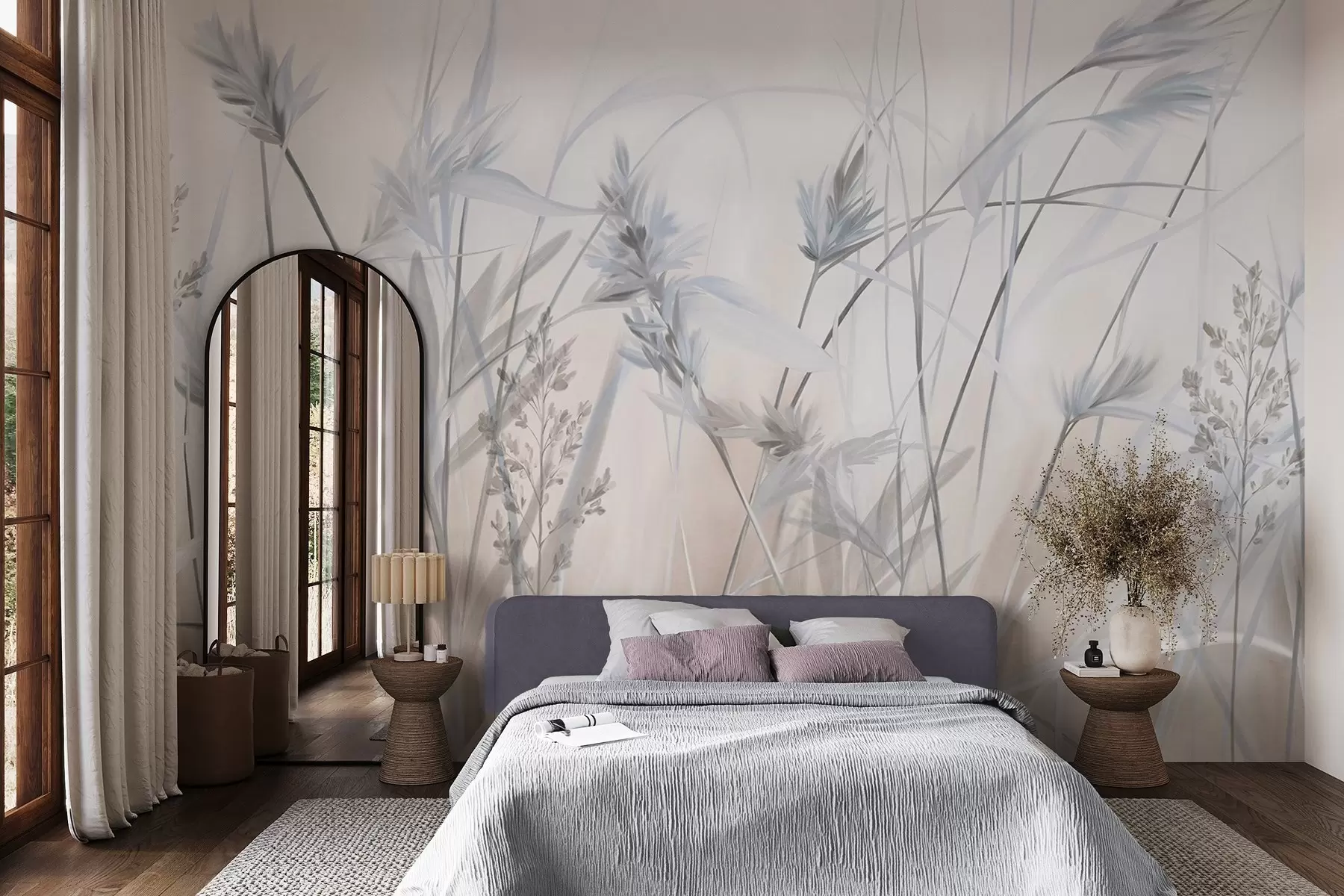 Fotobehang Hoge, droge grassprieten met pluizige toppen in gedempte tinten, zachte, wazige witte en beige achtergrond w09652v1
