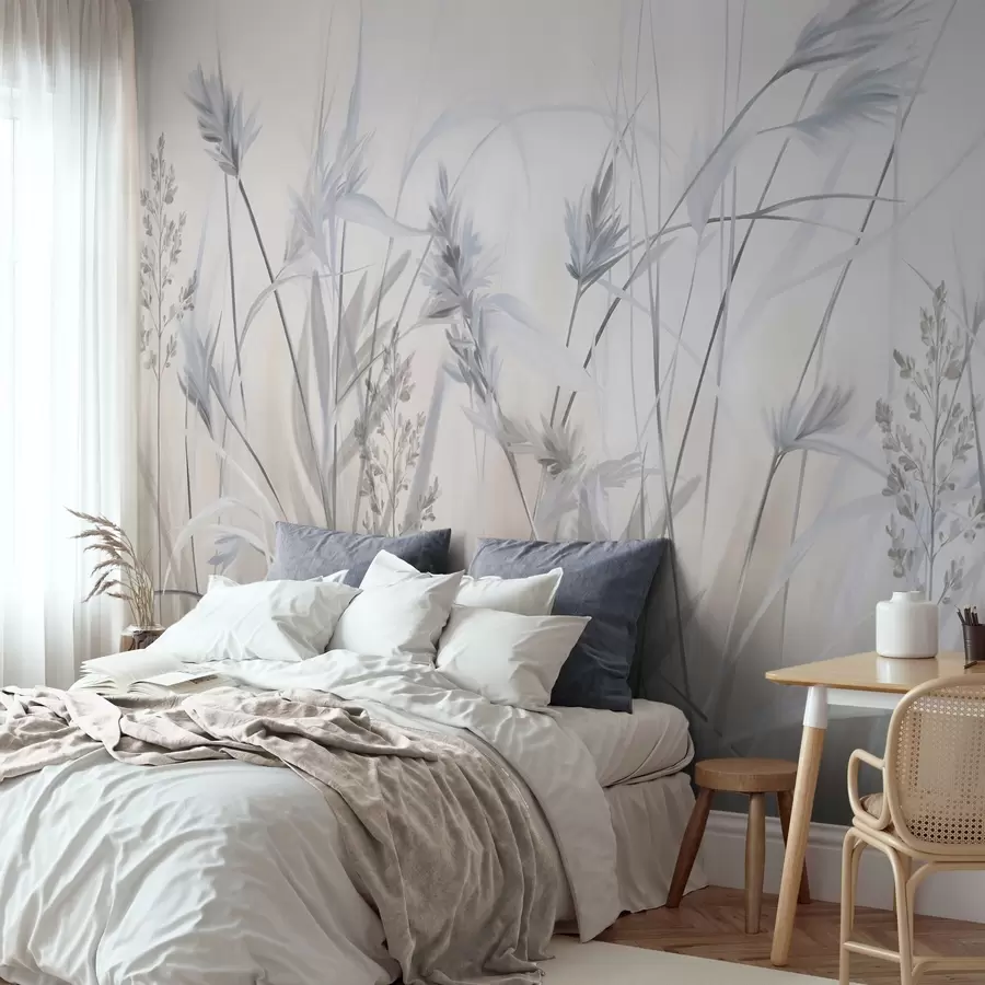 Fotobehang Hoge, droge grassprieten met pluizige toppen in gedempte tinten, zachte, wazige witte en beige achtergrond w09652v1