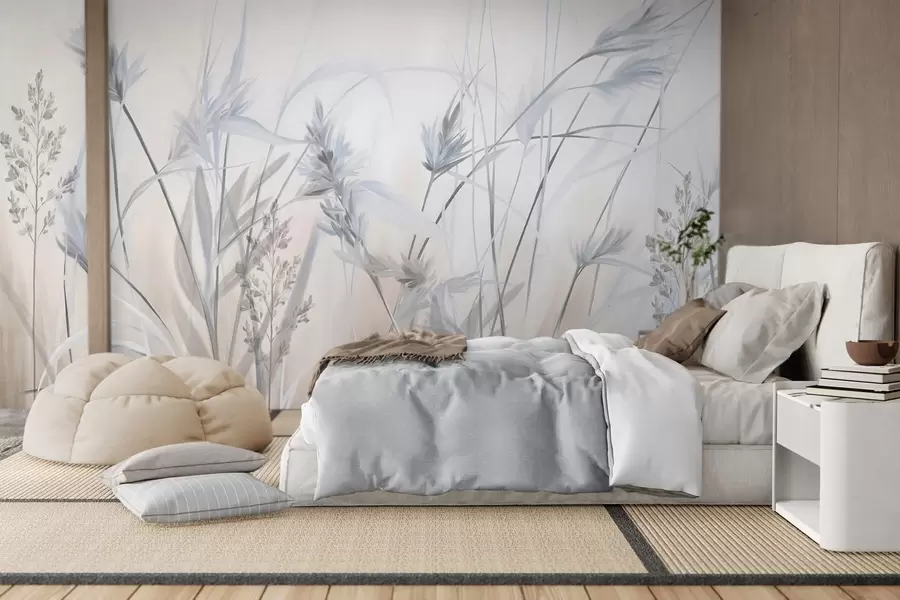Fotobehang Hoge, droge grassprieten met pluizige toppen in gedempte tinten, zachte, wazige witte en beige achtergrond w09652v1
