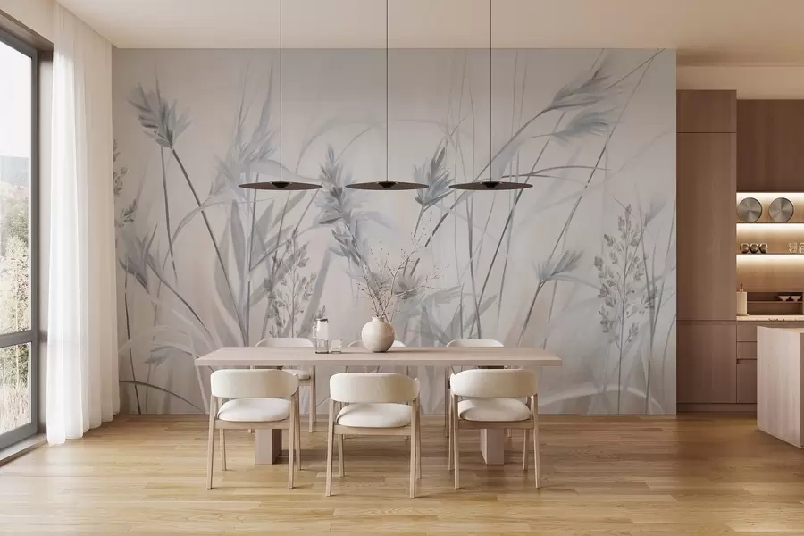 Fotobehang Hoge, droge grassprieten met pluizige toppen in gedempte tinten, zachte, wazige witte en beige achtergrond w09652v1