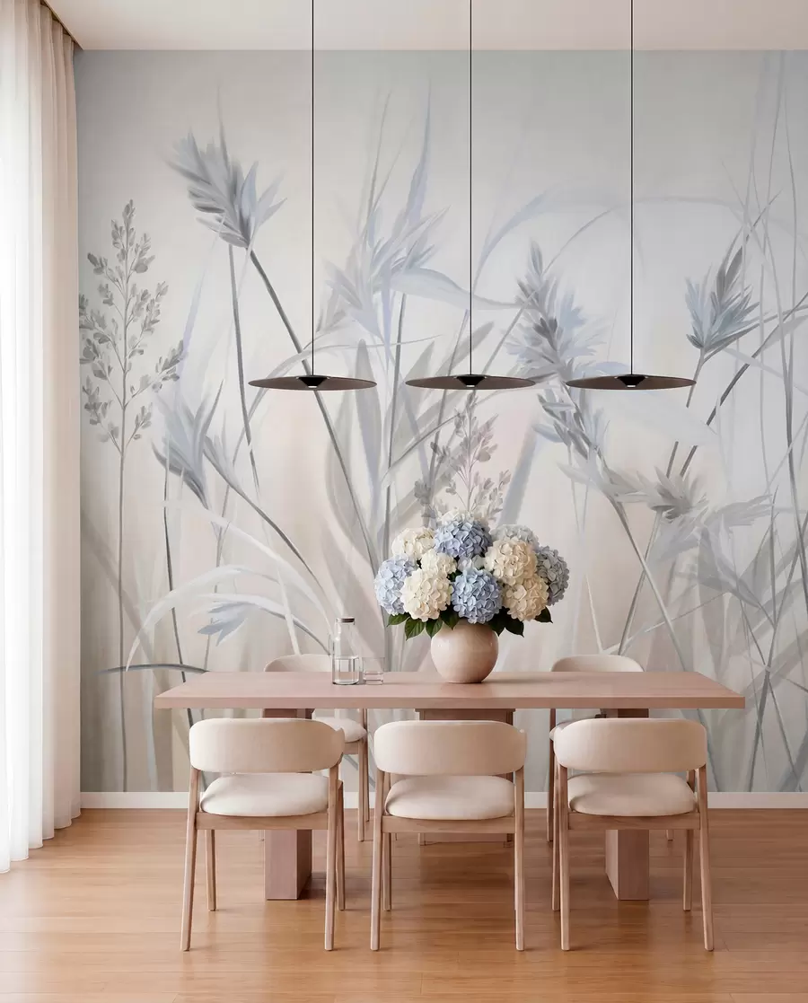 Fotobehang Hoge, droge grassprieten met pluizige toppen in gedempte tinten, zachte, wazige witte en beige achtergrond w09652v1