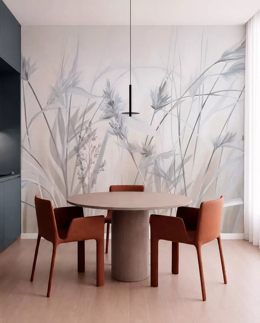 Fotobehang Hoge, droge grassprieten met pluizige toppen in gedempte tinten, zachte, wazige witte en beige achtergrond w09652v1