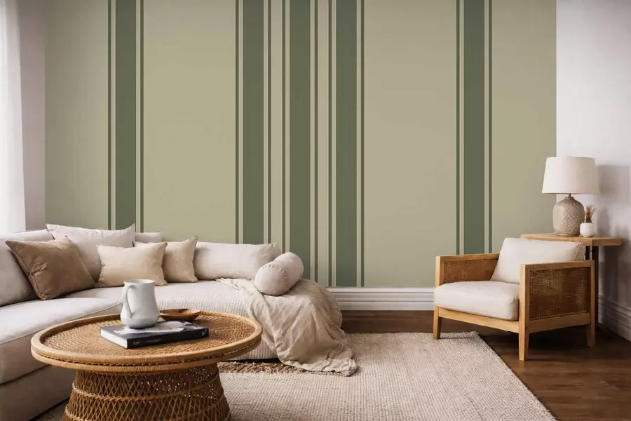 Fotobehang Verticale strepen in een ingetogen groen- en beige palet w05098
