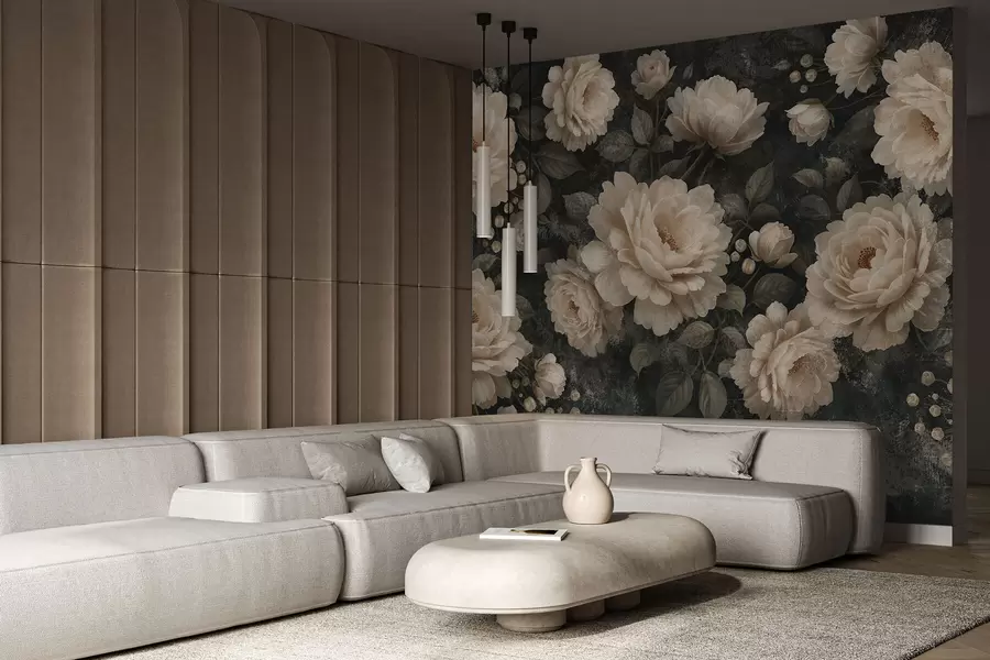 Fotobehang Volumineuze bloemen in beige tinten op een donkere achtergrond w05114