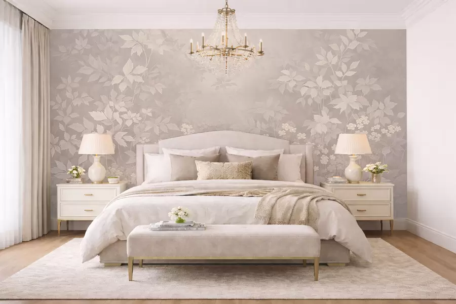 Fotobehang Licht botanisch ornament met bladeren en kleine bloemen w05115