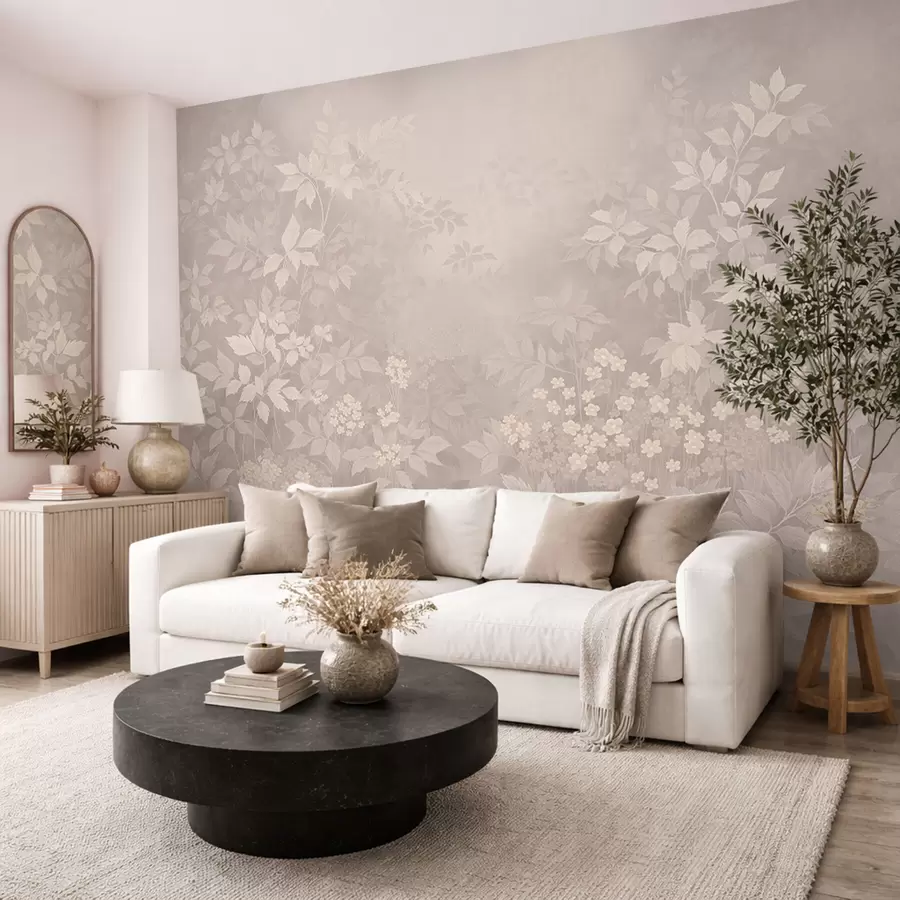 Fotobehang Licht botanisch ornament met bladeren en kleine bloemen w05115