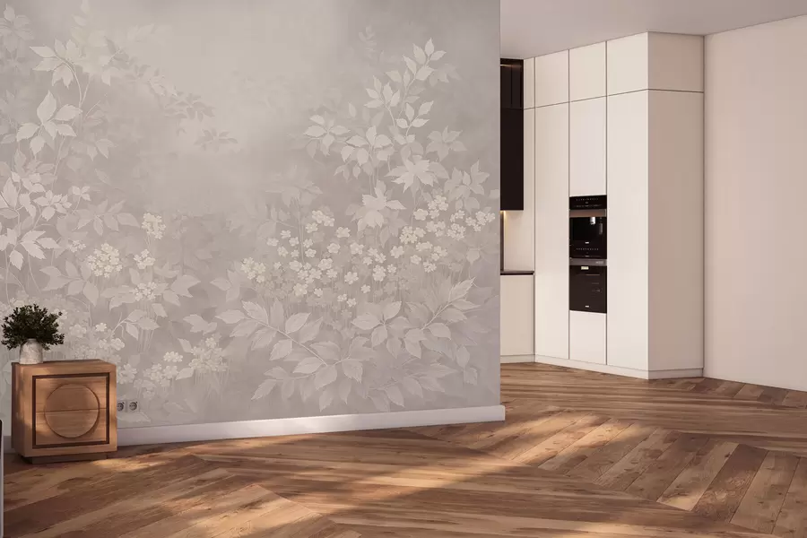 Fotobehang Licht botanisch ornament met bladeren en kleine bloemen w05115