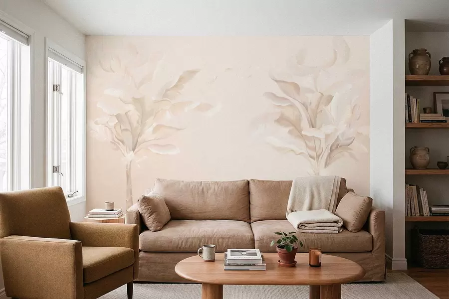 Fotobehang Luchtige decoratieve planten in warme crèmekleurige tinten w05126