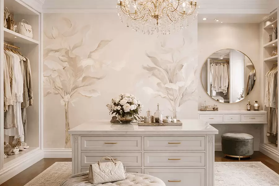 Fotobehang Luchtige decoratieve planten in warme crèmekleurige tinten w05126